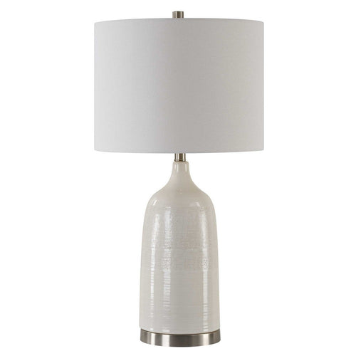 Table Lamp | Distressed White Ceramic | Off White Linen Shade | 29"