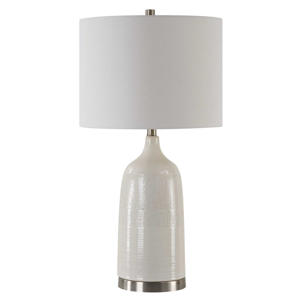 Table Lamp | Distressed White Ceramic | Off White Linen Shade | 29"