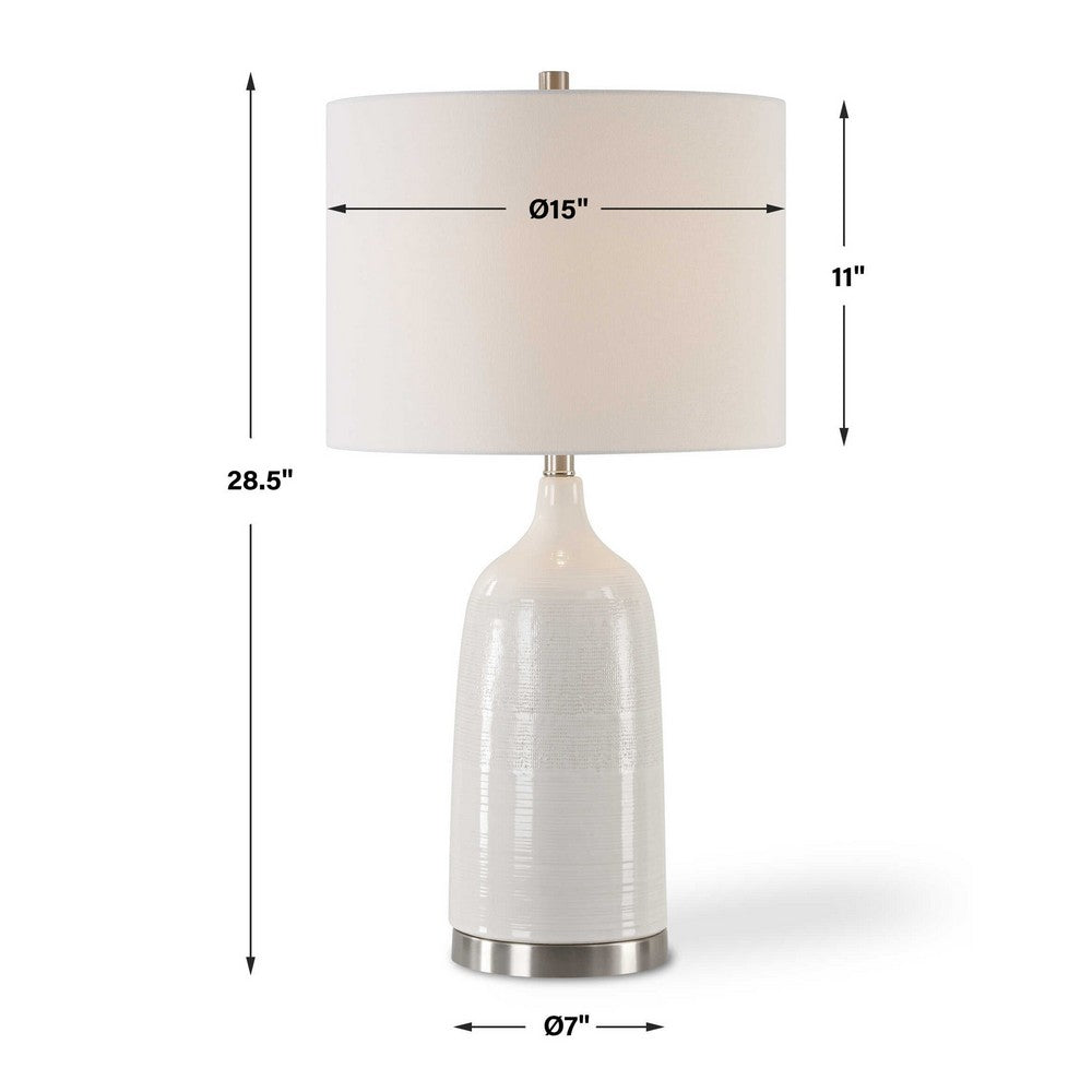 Table Lamp | Distressed White Ceramic | Off White Linen Shade | 29"