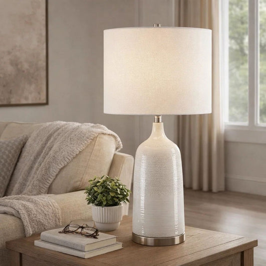 Table Lamp | Distressed White Ceramic | Off White Linen Shade | 29"
