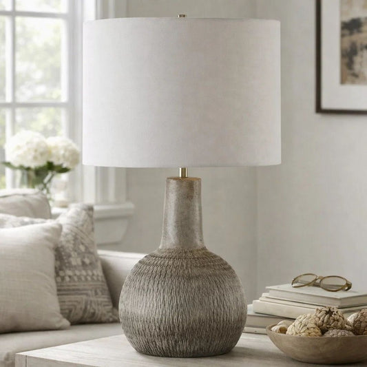 Table Lamp | Ivory Gourd Shaped Ceramic | Off-White Linen Shade | 24"