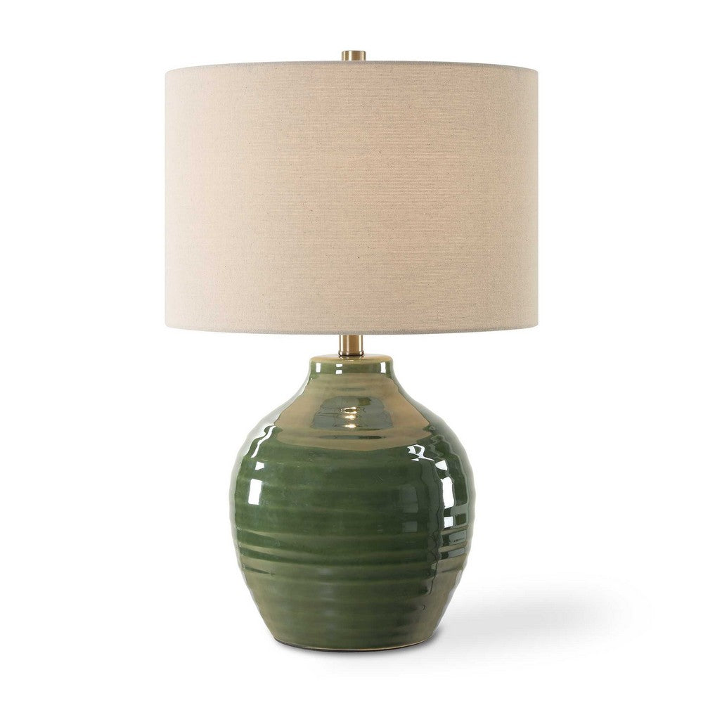 Table Lamp | Moss Green Textured Ceramic & Beige Linen Shade | 23"