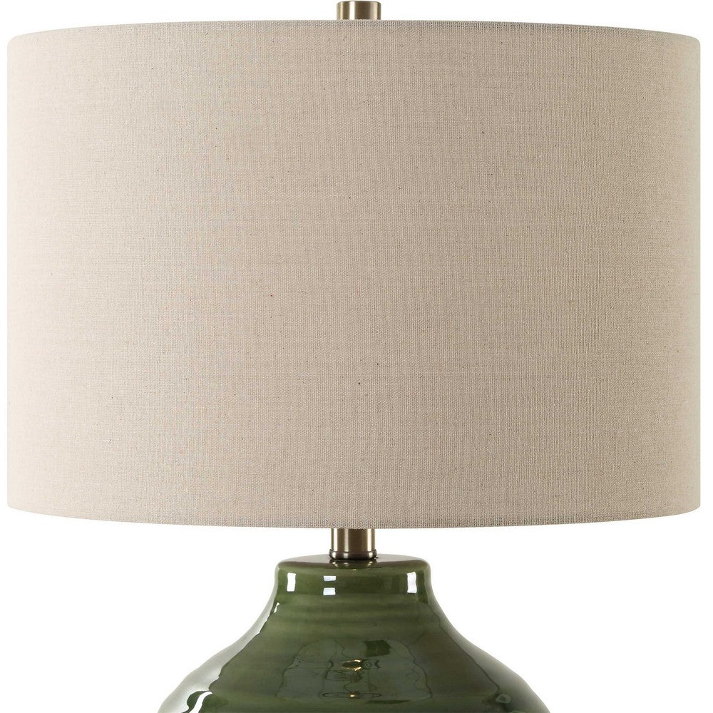 Table Lamp | Moss Green Textured Ceramic & Beige Linen Shade | 23"