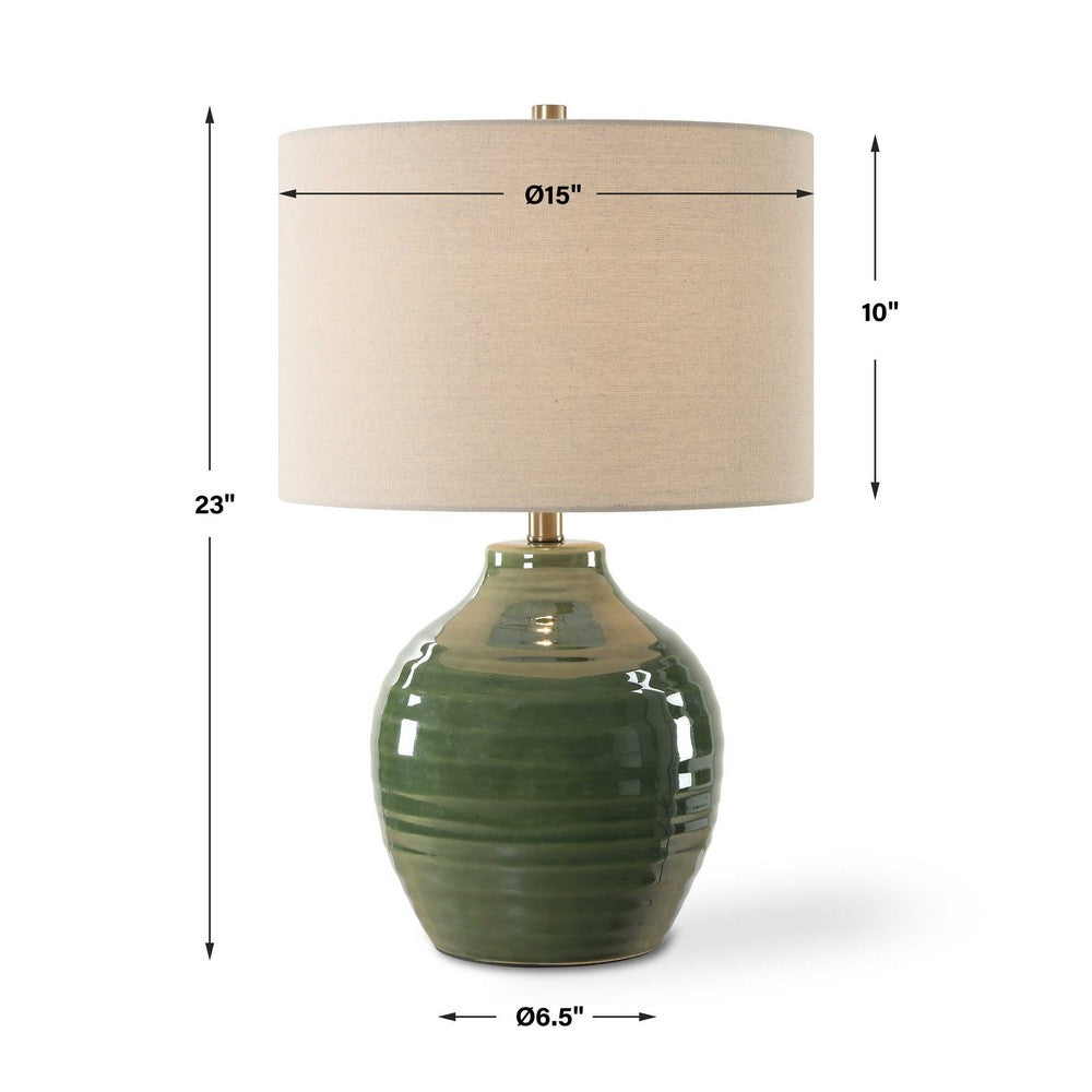 Table Lamp | Moss Green Textured Ceramic & Beige Linen Shade | 23"