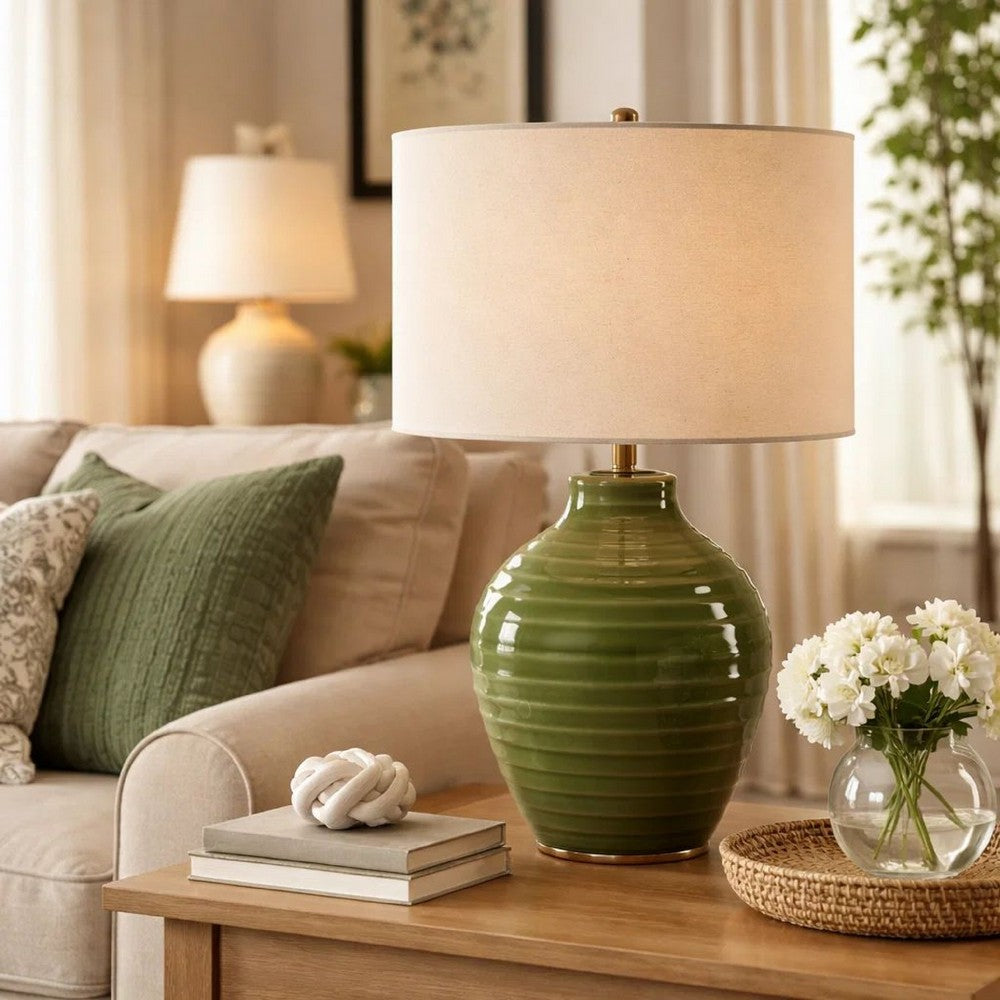 Table Lamp | Moss Green Textured Ceramic & Beige Linen Shade | 23"
