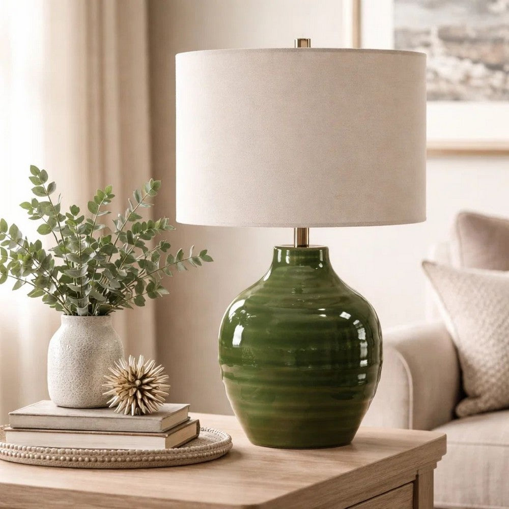 Table Lamp | Moss Green Textured Ceramic & Beige Linen Shade | 23"