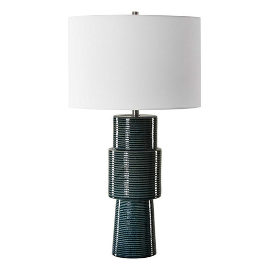 Table Lamp | Teal Ribbed Ceramic Base & White Linen Shade | 28"