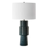 Table Lamp | Teal Ribbed Ceramic Base & White Linen Shade | 28"