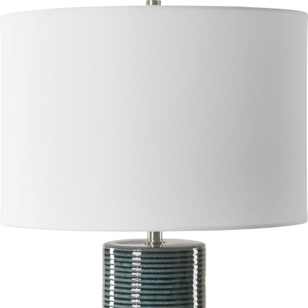 Table Lamp | Teal Ribbed Ceramic Base & White Linen Shade | 28"