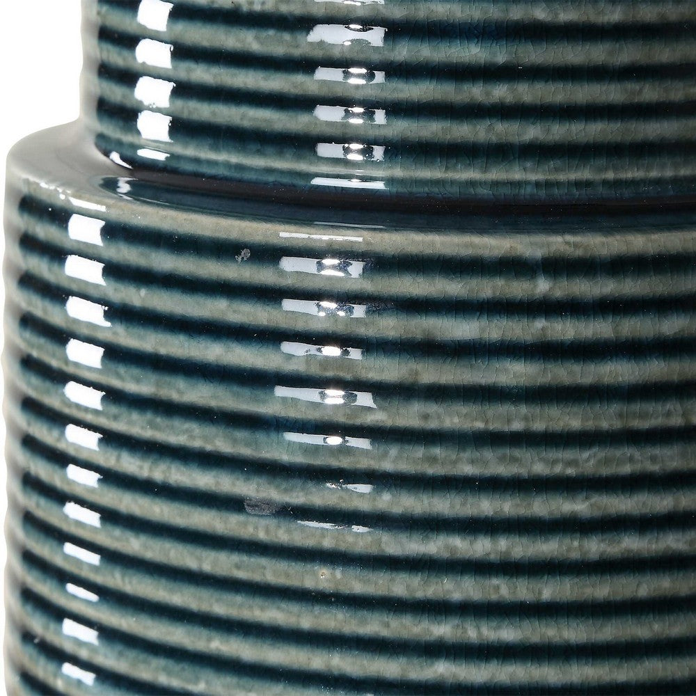 Table Lamp | Teal Ribbed Ceramic Base & White Linen Shade | 28"