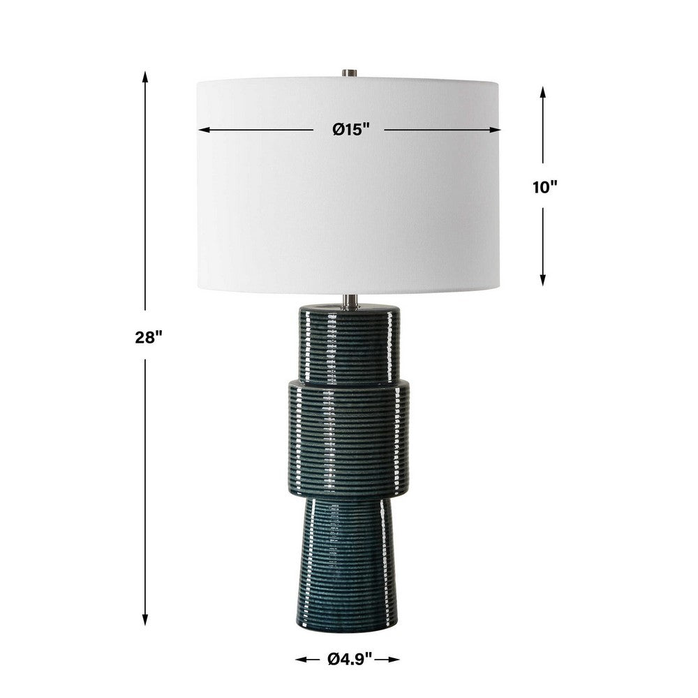 Table Lamp | Teal Ribbed Ceramic Base & White Linen Shade | 28"