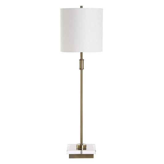 Table Lamp | Crystal Base | White Linen Shade | 32" Antique Brass