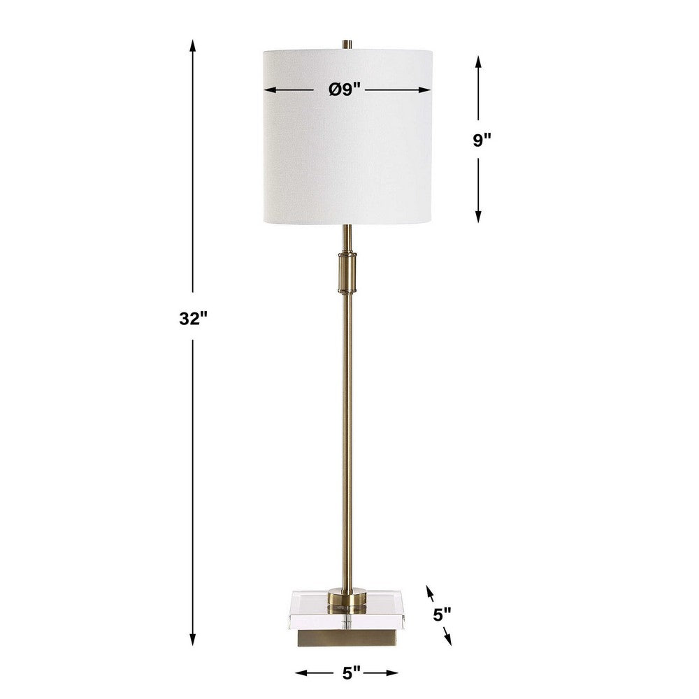 Table Lamp | Crystal Base | White Linen Shade | 32" Antique Brass