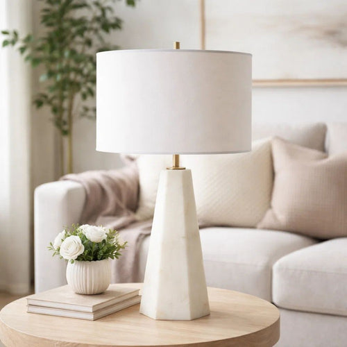 Accent Table Lamp | Cream Marble Base | Off White Linen Shade | 23"