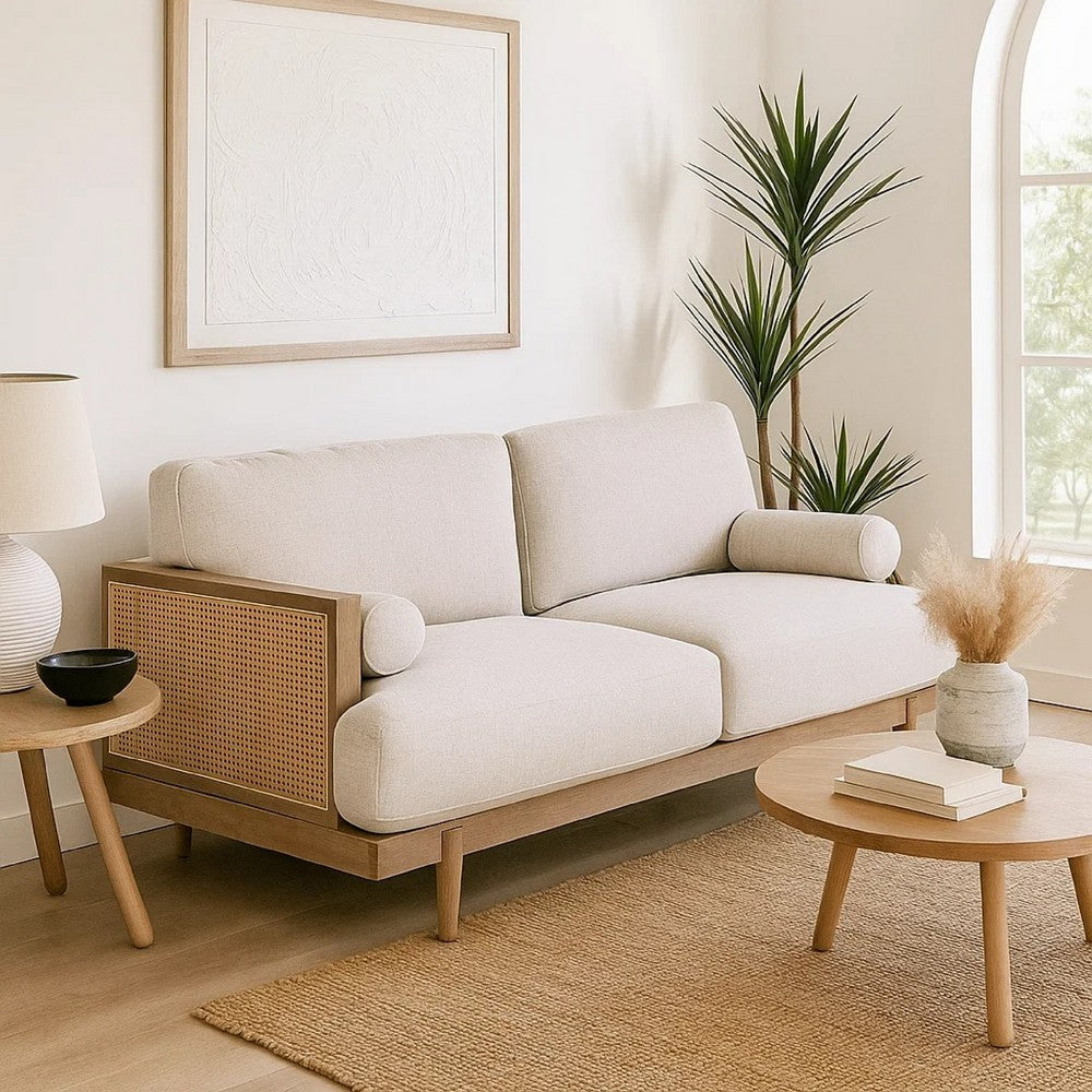 Senu Loveseat | 2 Pillows | Beige Cushion | Light Oak Brown Rattan 65"