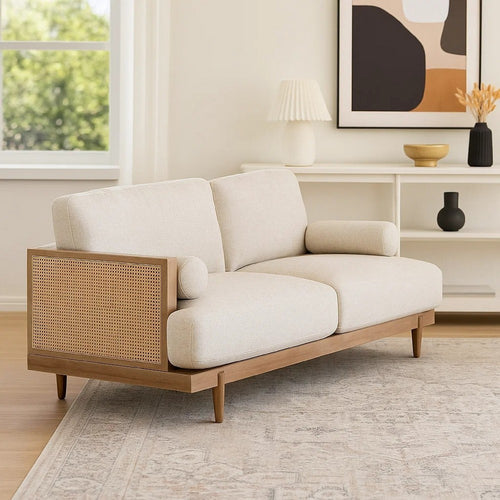 Senu Loveseat | 2 Pillows | Beige Cushion | Light Oak Brown Rattan 65"