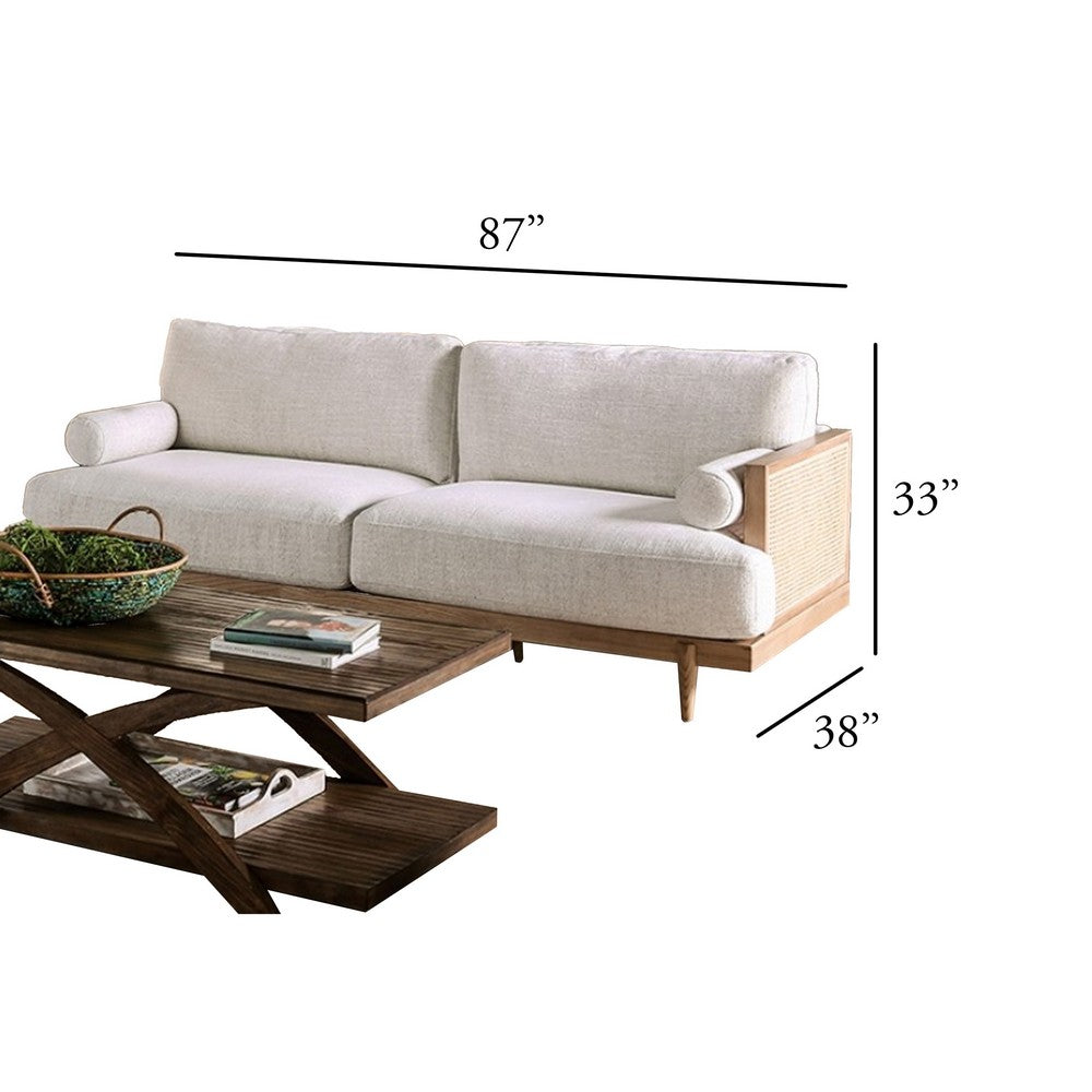 Senu Sofa | 2 Pillows | Beige Cushion | Light Oak Brown Rattan 87"
