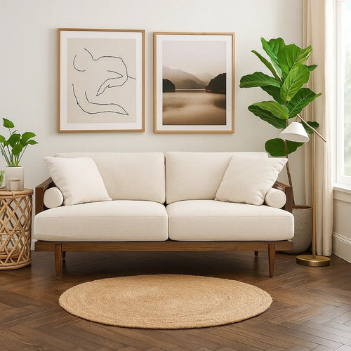 Senu Loveseat | 2 Pillows | Beige Cushion | Walnut Brown Rattan 65"