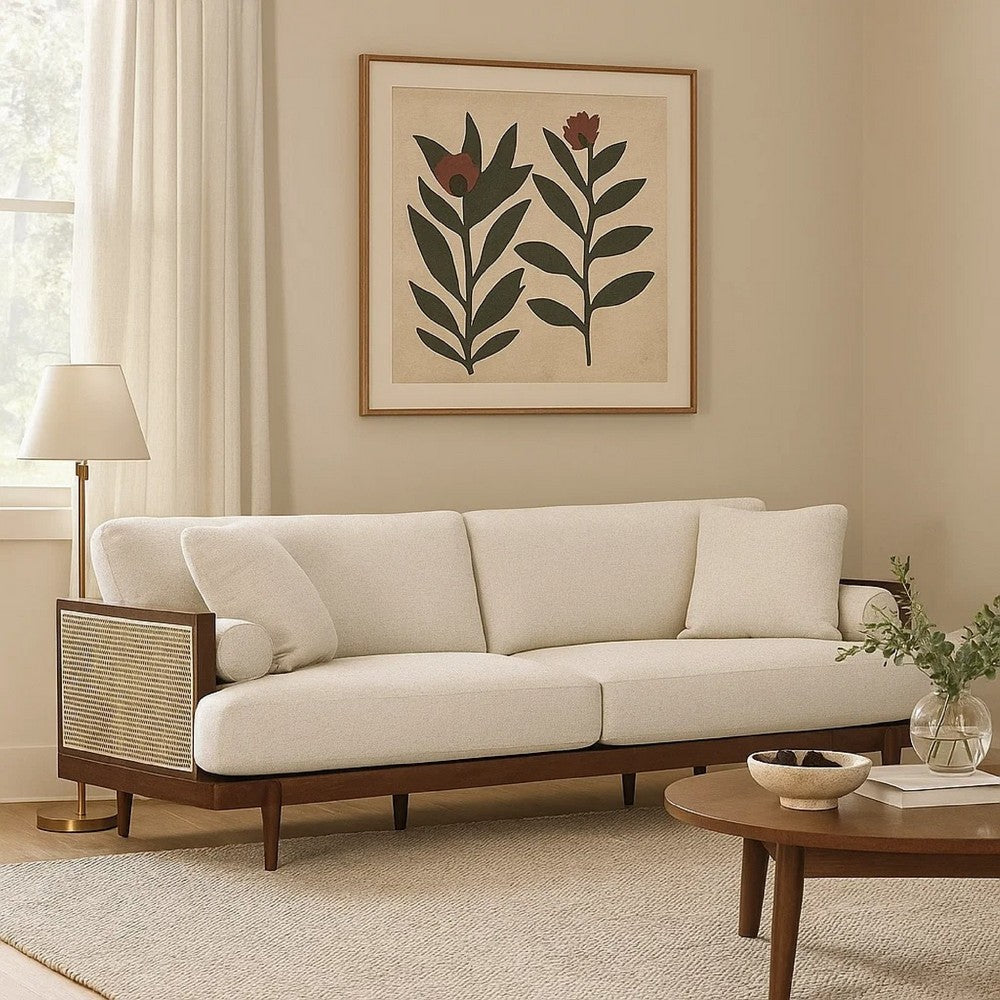 Senu Sofa | 2 Pillows | Beige Cushion | Walnut Brown Rattan 87"