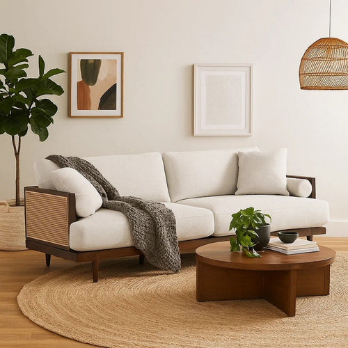Senu Sofa | 2 Pillows | Beige Cushion | Walnut Brown Rattan 87"
