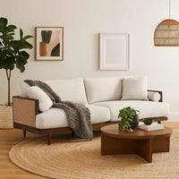 Senu Sofa | 2 Pillows | Beige Cushion | Walnut Brown Rattan 87"