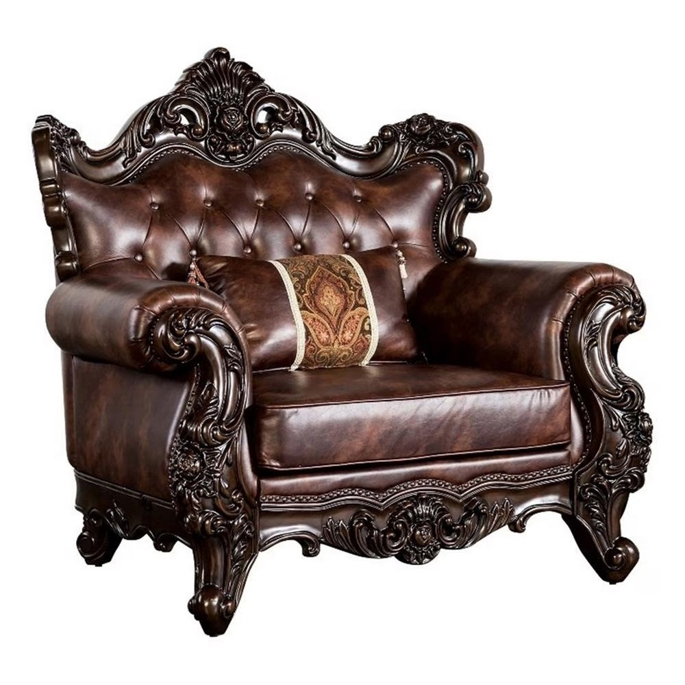 Pona Baroque Accent Chair | Ornate Carving,| Cherry Brown Faux Leather