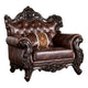 Pona Baroque Accent Chair | Ornate Carving,| Cherry Brown Faux Leather