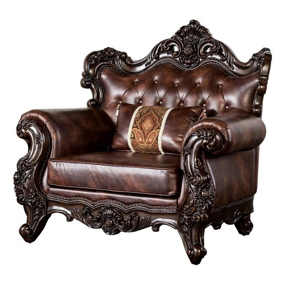 Pona Baroque Accent Chair | Ornate Carving,| Cherry Brown Faux Leather