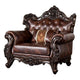 Pona Baroque Accent Chair | Ornate Carving,| Cherry Brown Faux Leather