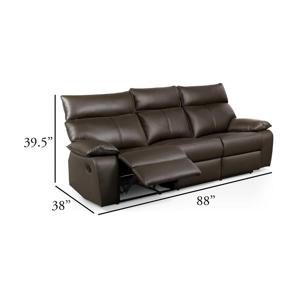Ozy Manual Recliner Sofa | Pillow Arms | Brown Vegan Leather 88"