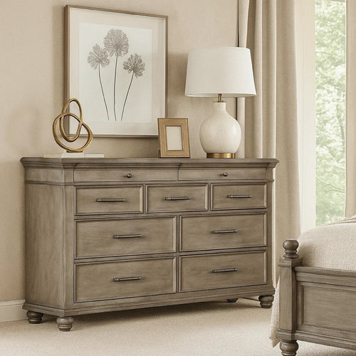 Zea Wide Dresser | 9 Drawers w Chrome Handle | Bun Feet | Aged Oak Brown