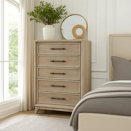 Myna Tall Dresser Chest | 5 Drawers w Gray Handle | Oak Brown Rubberwood