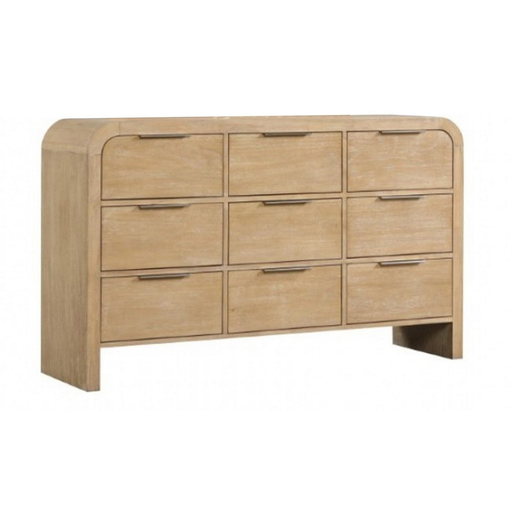 Rexa Wide Dresser | 9 Drawers | Natural Brown Wood | Metal Finger Pulls
