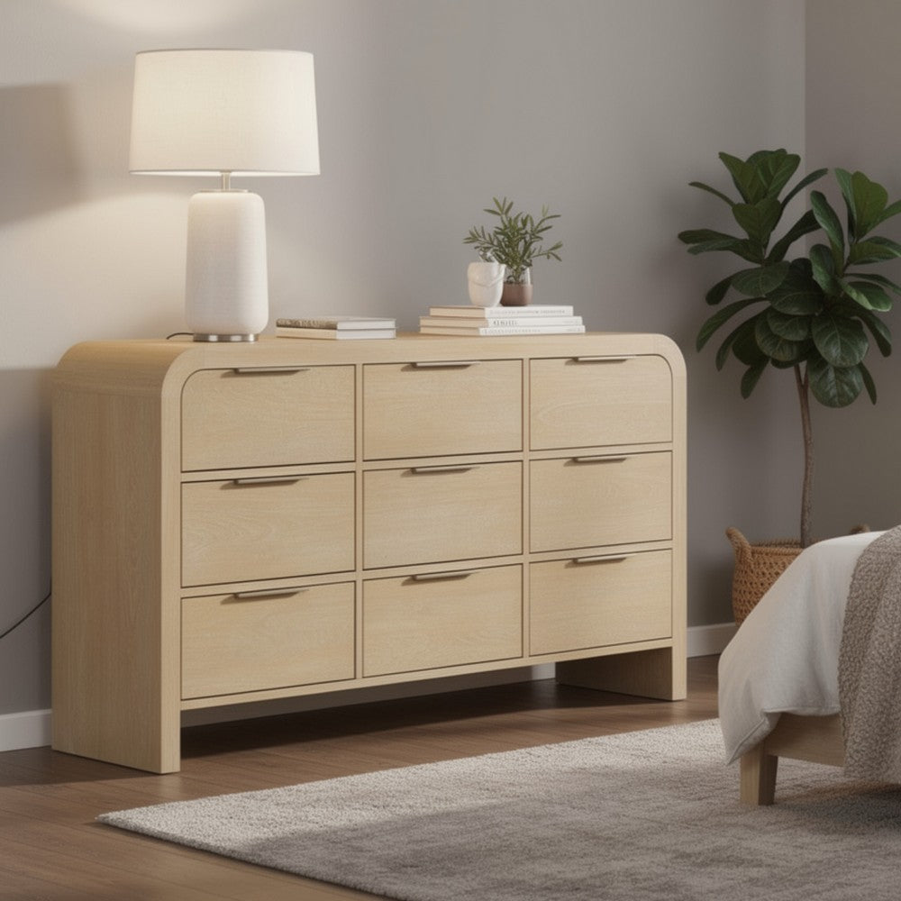 Rexa Wide Dresser | 9 Drawers | Natural Brown Wood | Metal Finger Pulls