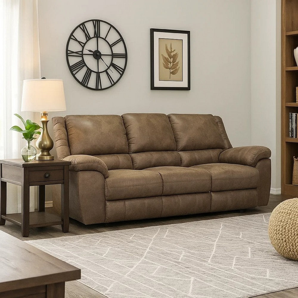 Jem Sofa w Drop Down Table | Light Brown Faux Leather | 87"