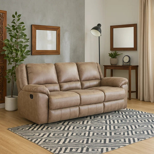 Jem Sofa w Drop Down Table | Light Brown Faux Leather | 87"