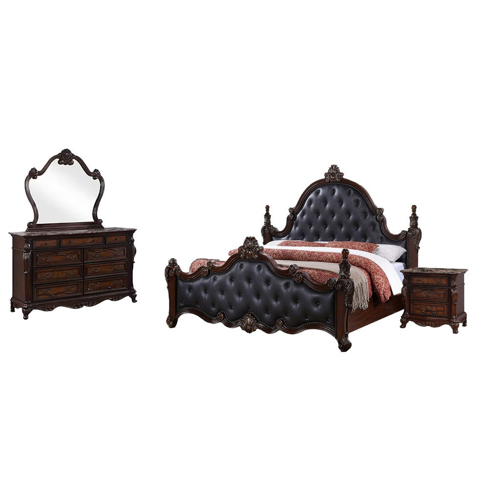Moni 4pc Queen Bedroom Set | Faux Leather | Cherry Brown Wood | Mirror
