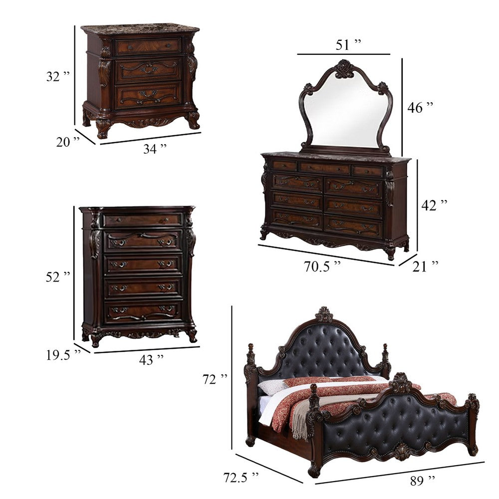 Moni 4pc Queen Bedroom Set | Faux Leather | Cherry Brown Wood | Mirror