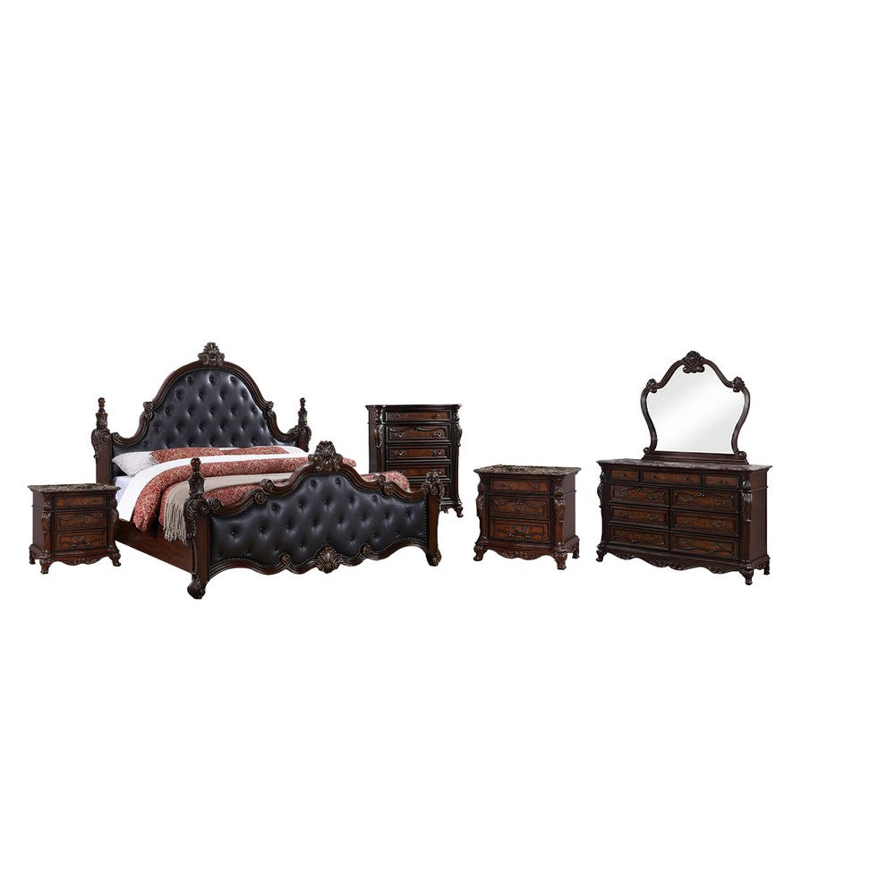 Moni 5pc Queen Bedroom Set | Cherry Brown Solid Wood | 2 Nightstands