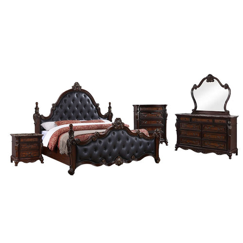 Moni 5pc Queen Bedroom Set | Black Faux Leather | Cherry Brown | Chest