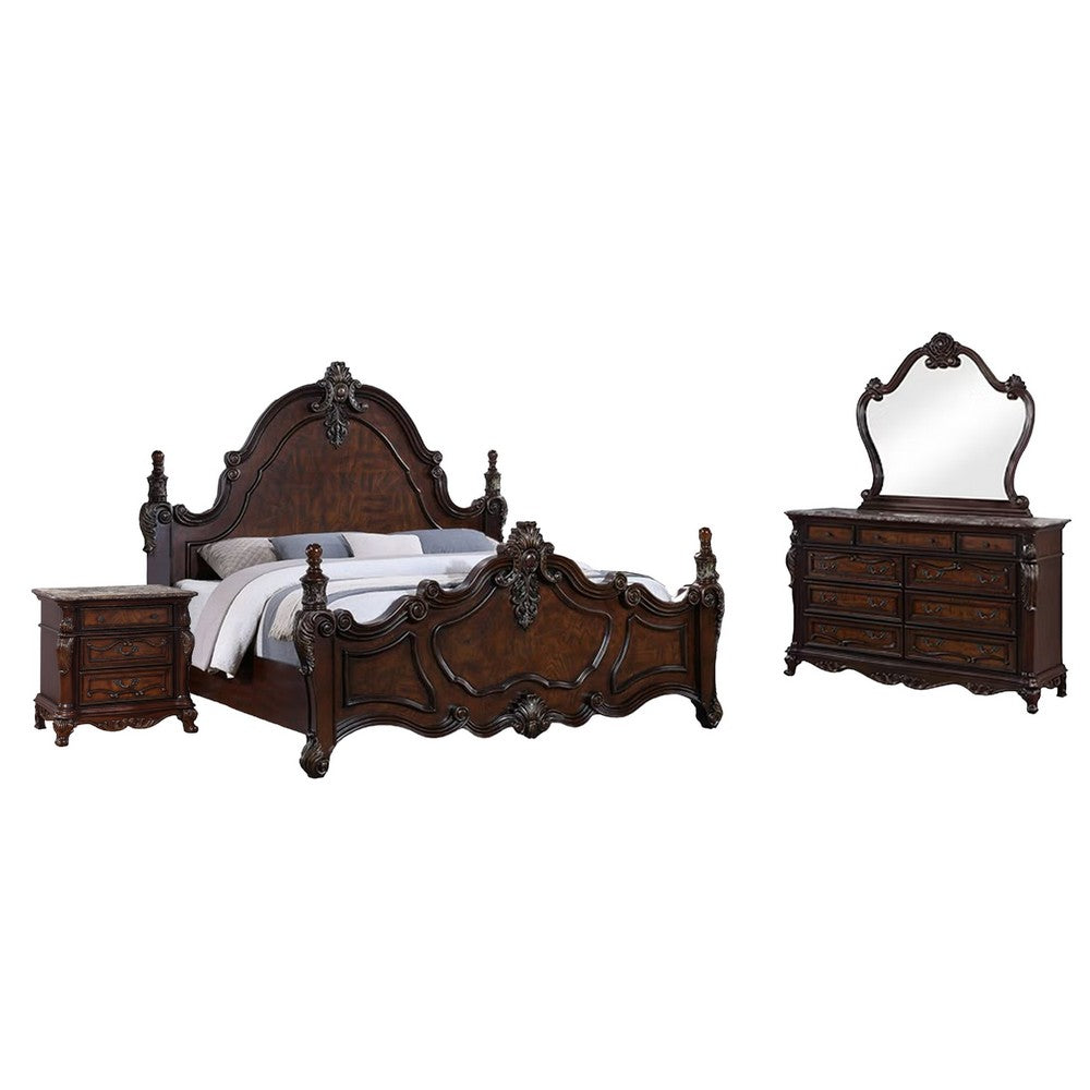 Frank 4pc Queen Bedroom Set | Dresser Mirror | Dark Cherry Brown Wood