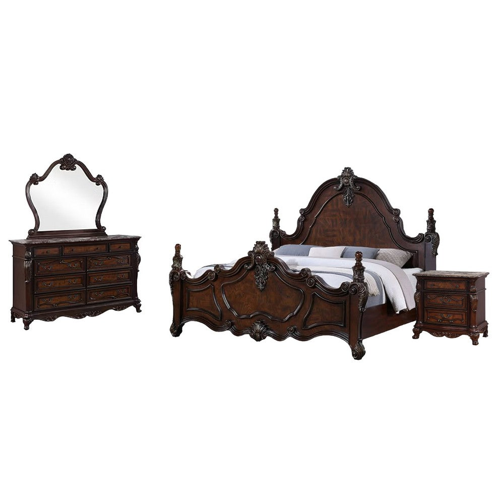 Frank 4pc Queen Bedroom Set | Dresser Mirror | Dark Cherry Brown Wood