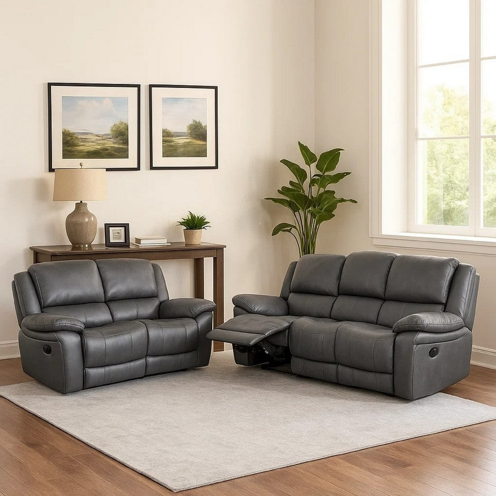 Larus 2pc Manual Reclining Sofa & Loveseat Set | Gray Vegan Leather