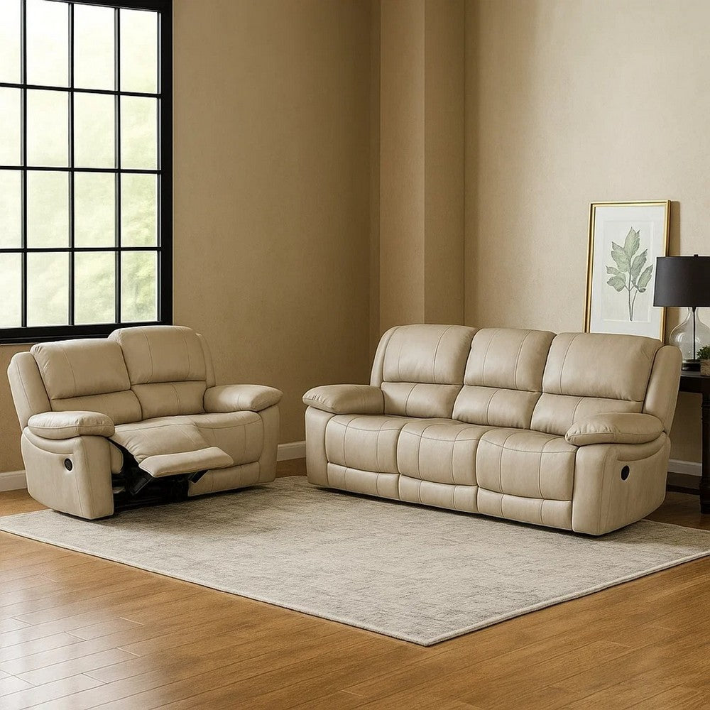 Larus 2pc Manual Reclining Sofa & Loveseat Set | Ivory Vegan Leather