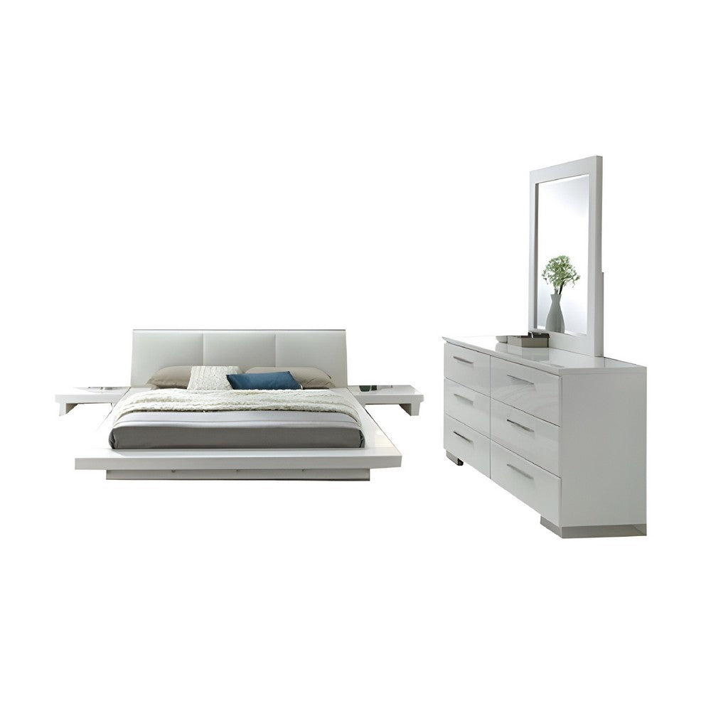 Estin 4pc Queen Bedroom Set w Low Profile Bed | Dresser Mirror | White