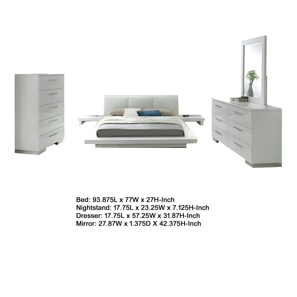 Estin 4pc Queen Bedroom Set w Low Profile Bed | Dresser Mirror | White