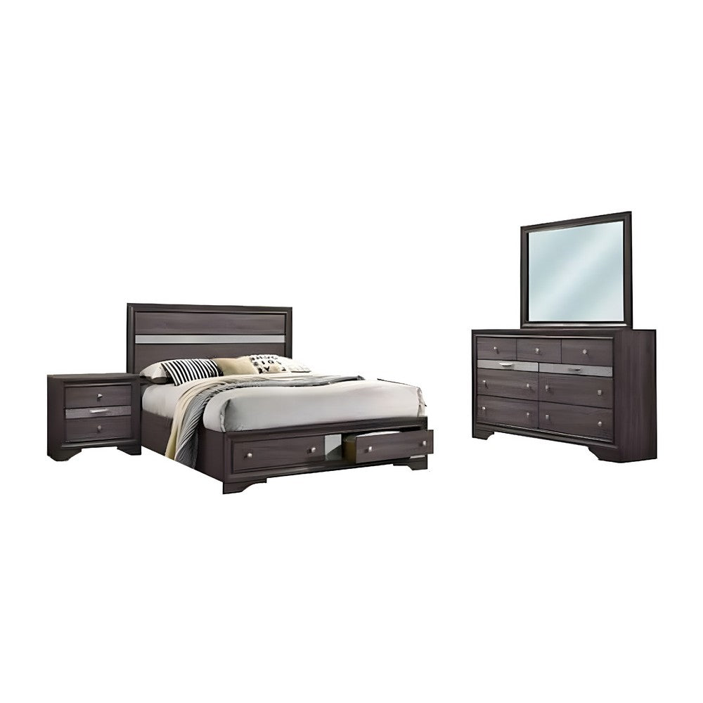 Cevy 4pc Queen Bedroom Set w Dresser | Silver Accents | Gray Wood