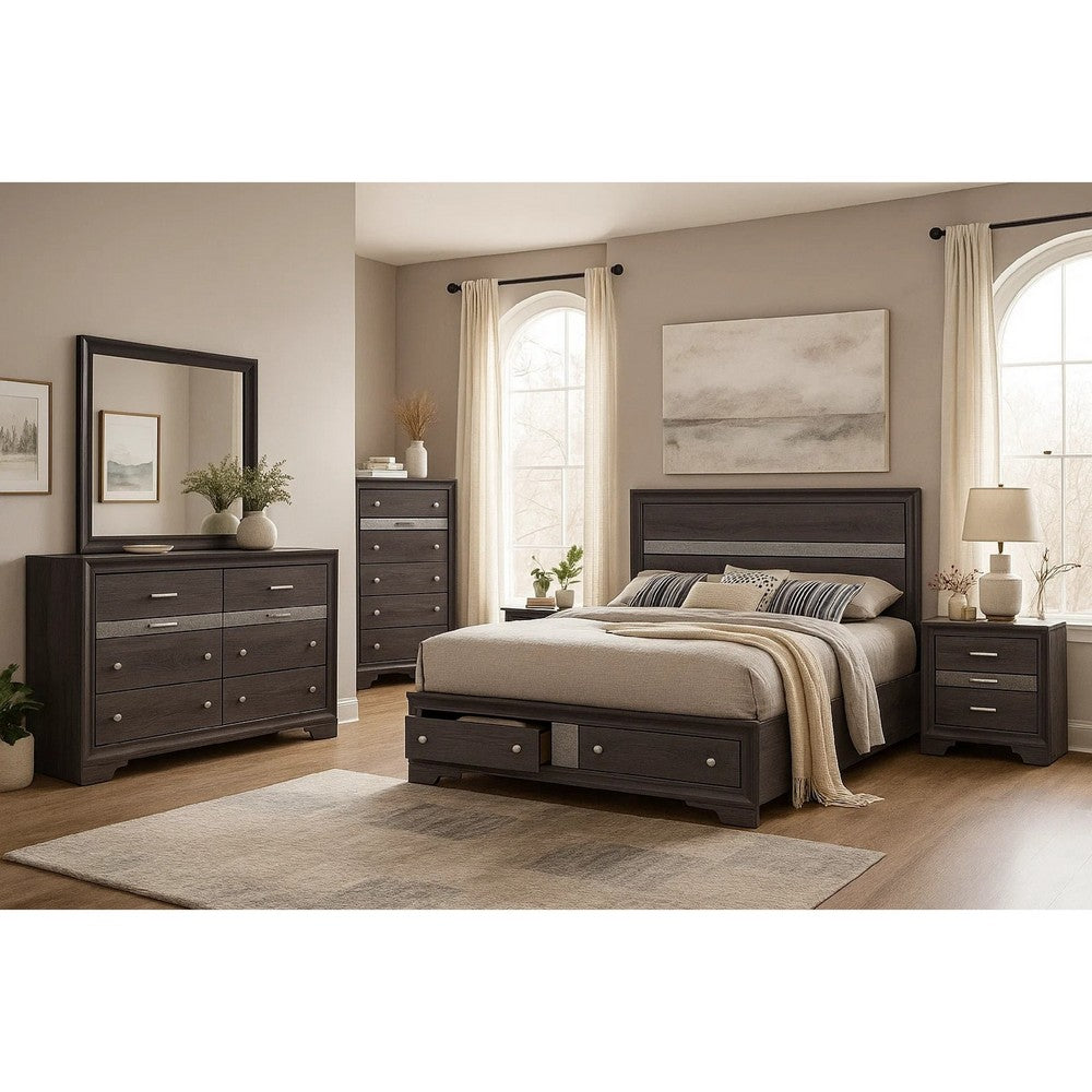 Cevy 5pc Queen Bedroom Set | 2 Nightstands | Silver Accents | Gray Wood