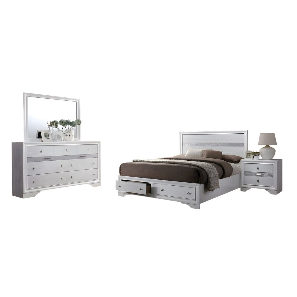 Cevy 4pc Queen Bedroom Set w Dresser | Silver Accents | White Wood