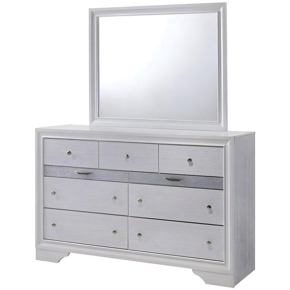Cevy 4pc Queen Bedroom Set w Dresser | Silver Accents | White Wood
